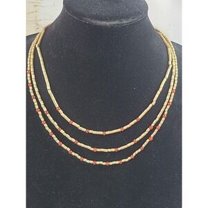 Signed Carolee Vintage Matte Gold Tone  Red ThreeStrand Beaded Necklace 18 In